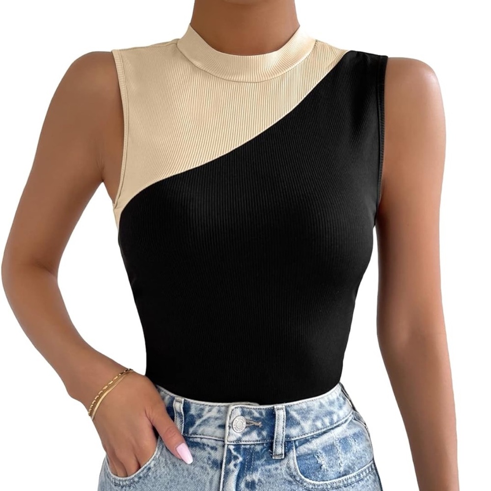 Black & Cream Color Block Ribbed Tank Top Sz S | Old Money Minimalist